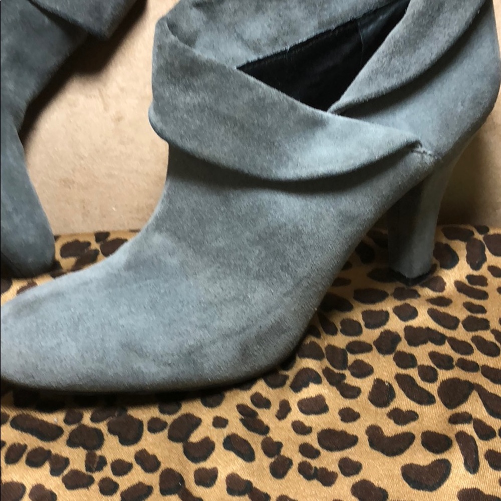 Gray suede Enzo booties with 3.5”heel worn Once 10